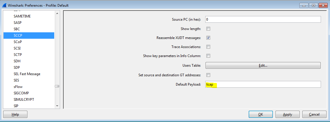 SCCP Default Payload
